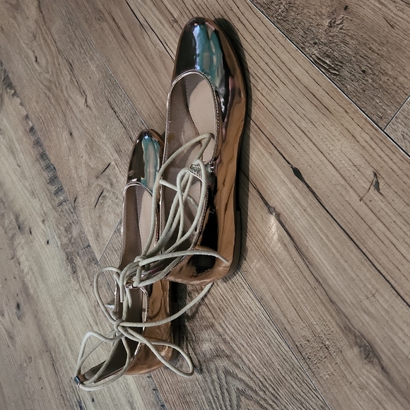 Mark and Maddux | Rose Gold Metallic Patent Tie Strap Flats - Picture 4 of 6